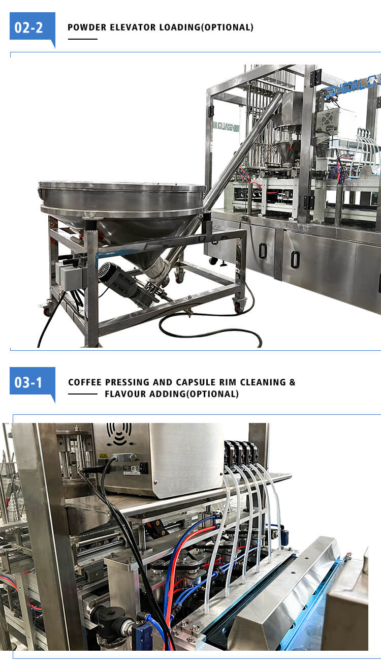 automatic coffee capsule filling and sealing machine for k-cup flavour adding Powder elevator loading